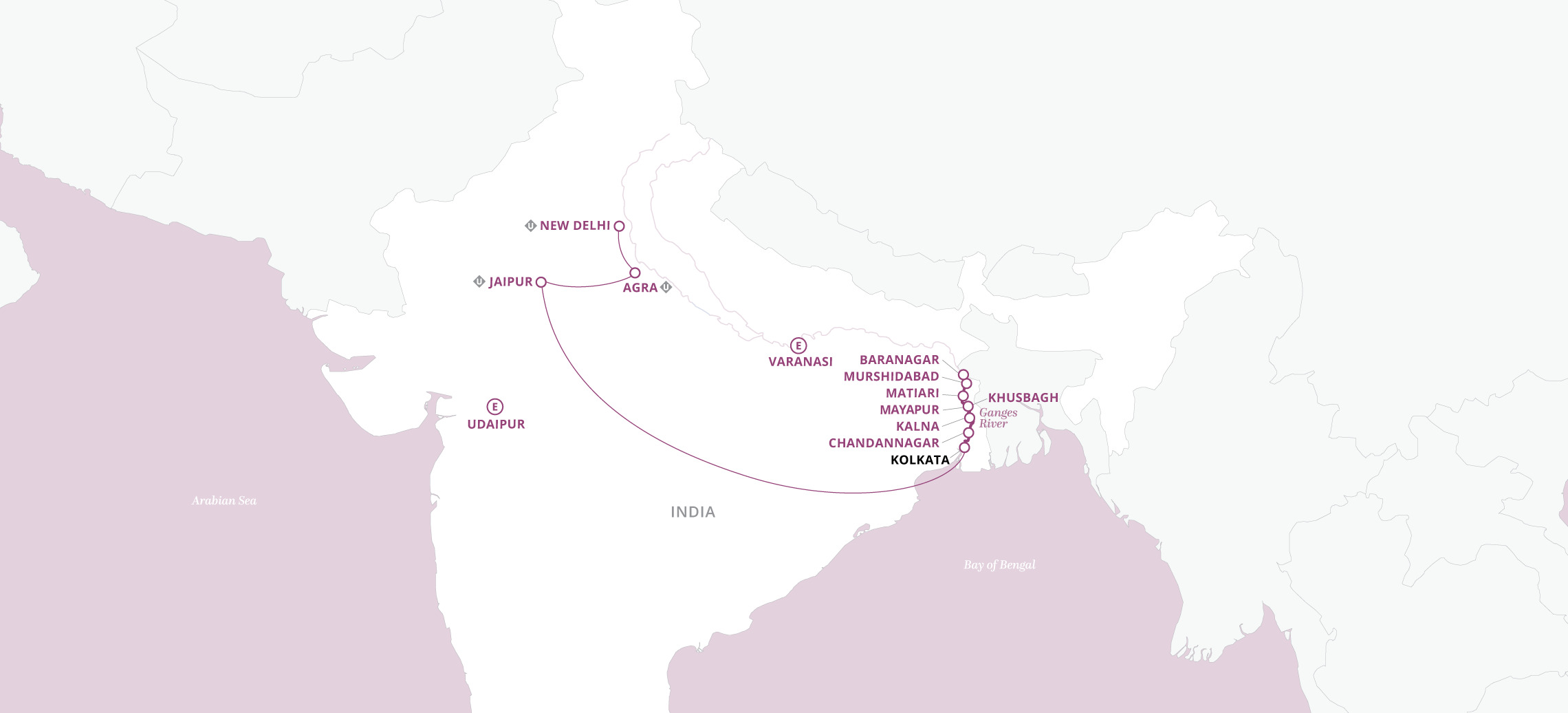 Map of The Maharaja Experience through northern India and the Ganges River
